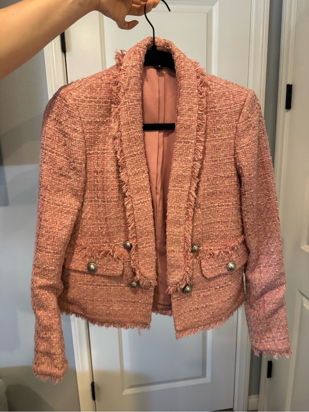 Express Pink Tweed Frayed-Edge Cropped Blazer